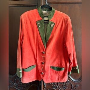 Vintage Gede Austrian Trachten Suede Leather Jacket Women’s 38 US 6/8 Red Green